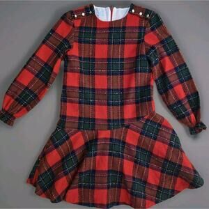 FOQUE Red Tartan‎ Holiday Christmas Dress Plaid Red Green Wool Blend Size 8...